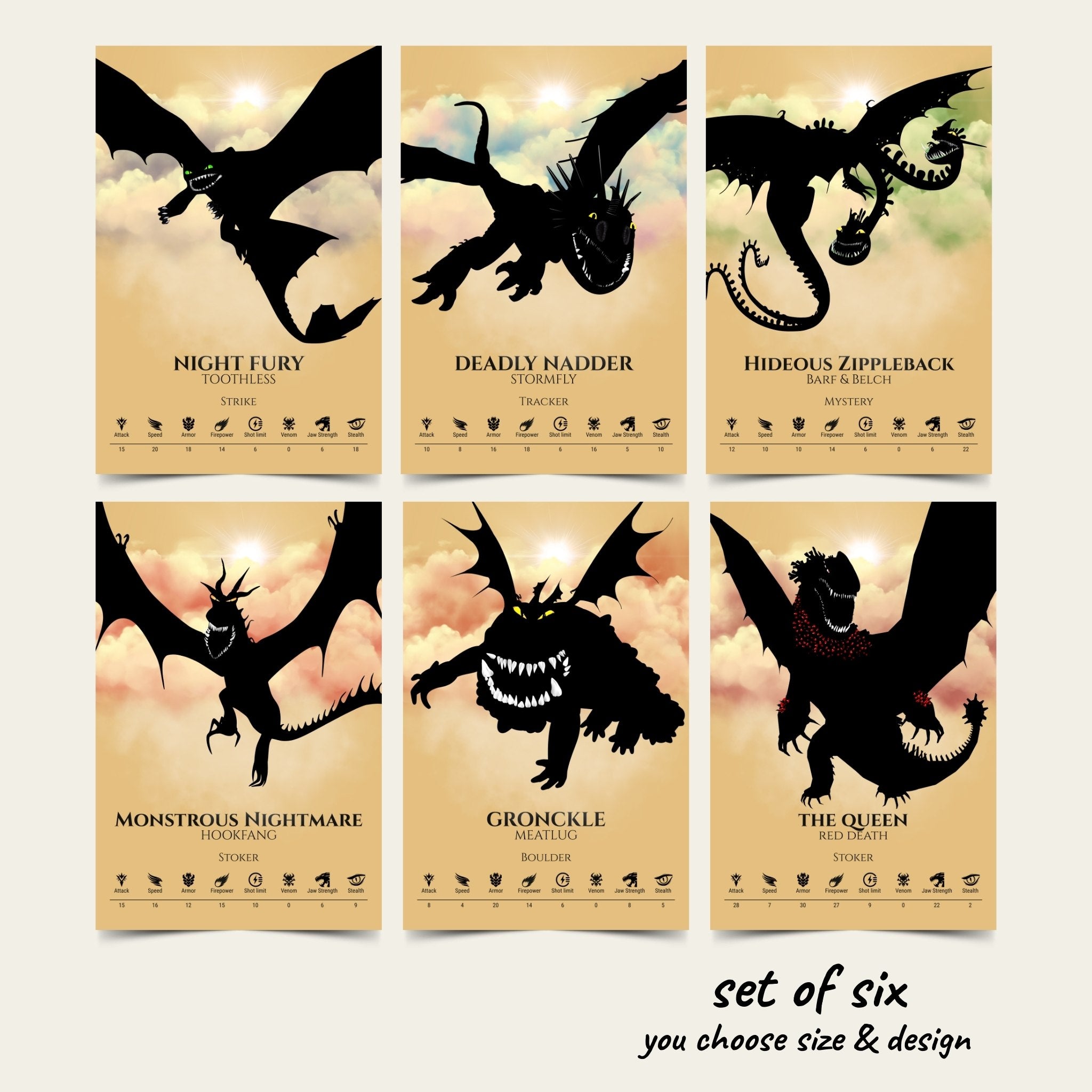 Set of 6 Train Your Dragon Posters (You Choose Size & Design)