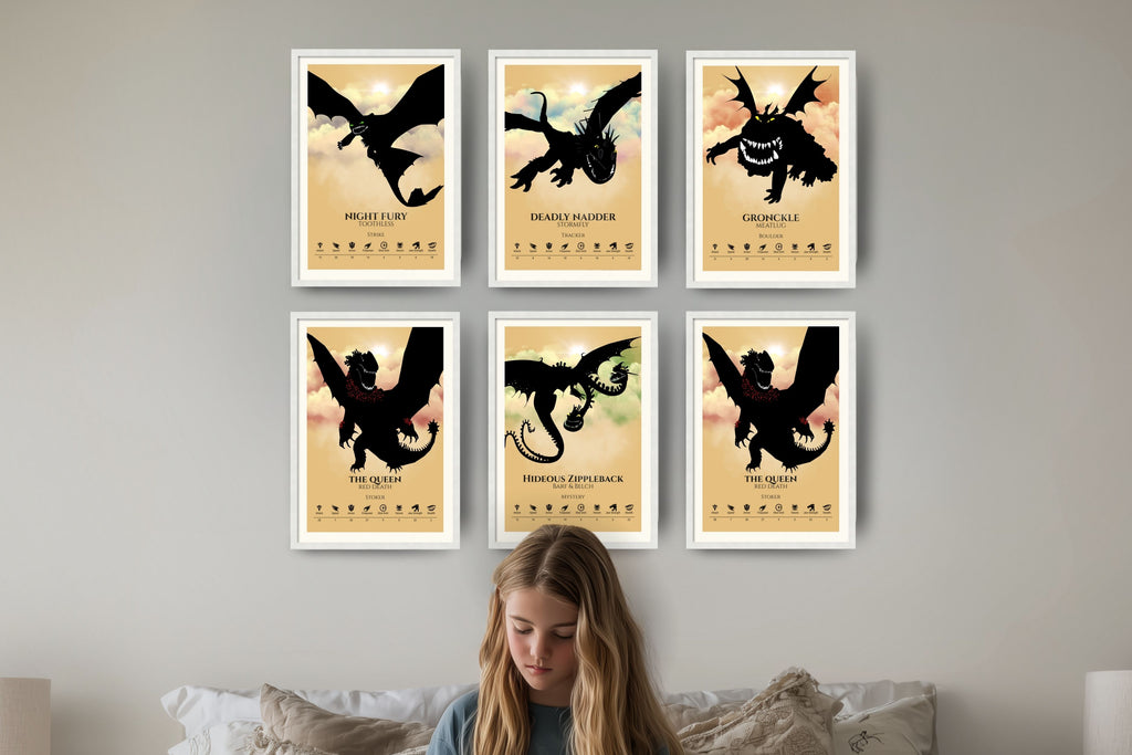 Girl reading with six framed dragon posters on the wall