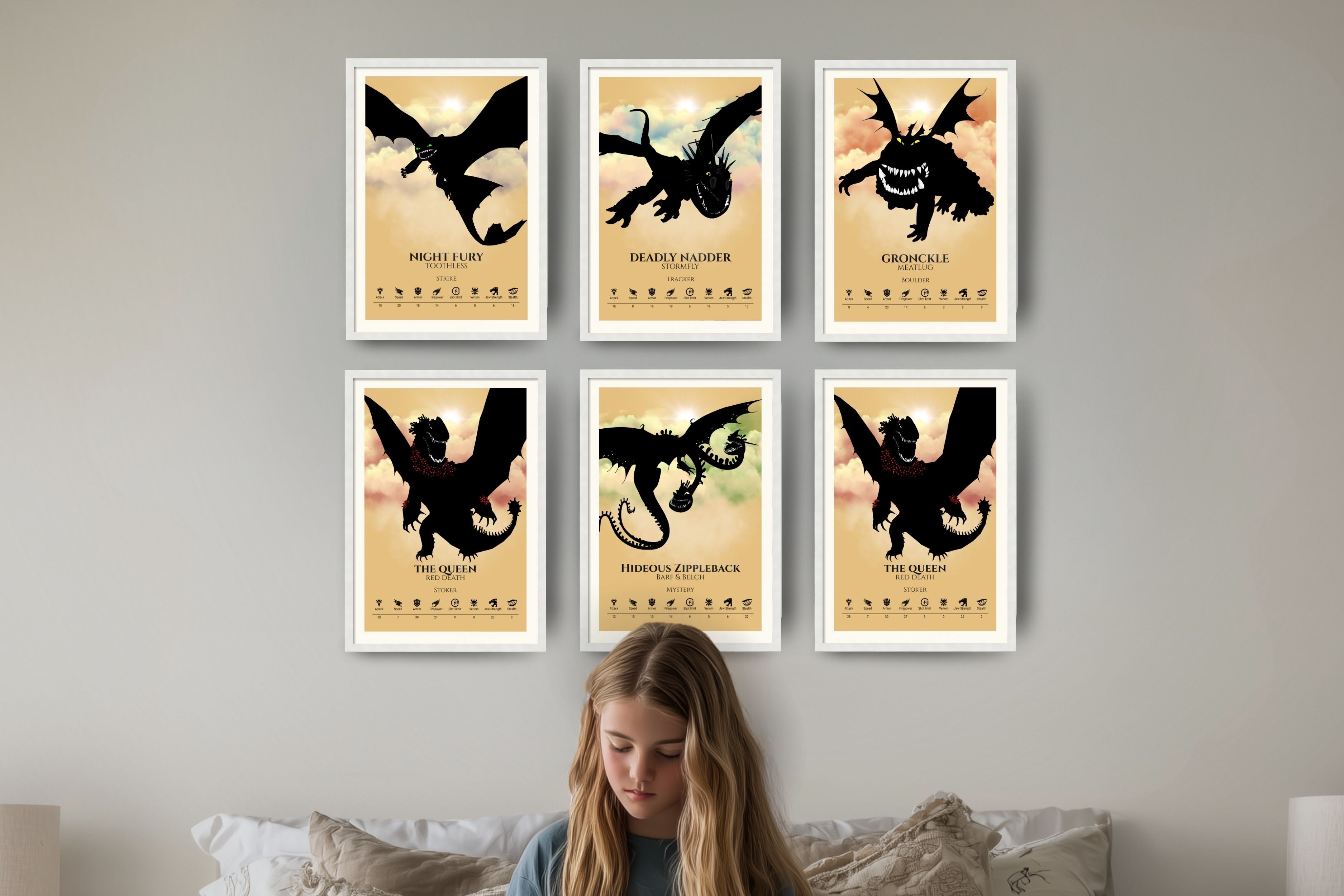 Girl reading with six framed dragon posters on the wall
