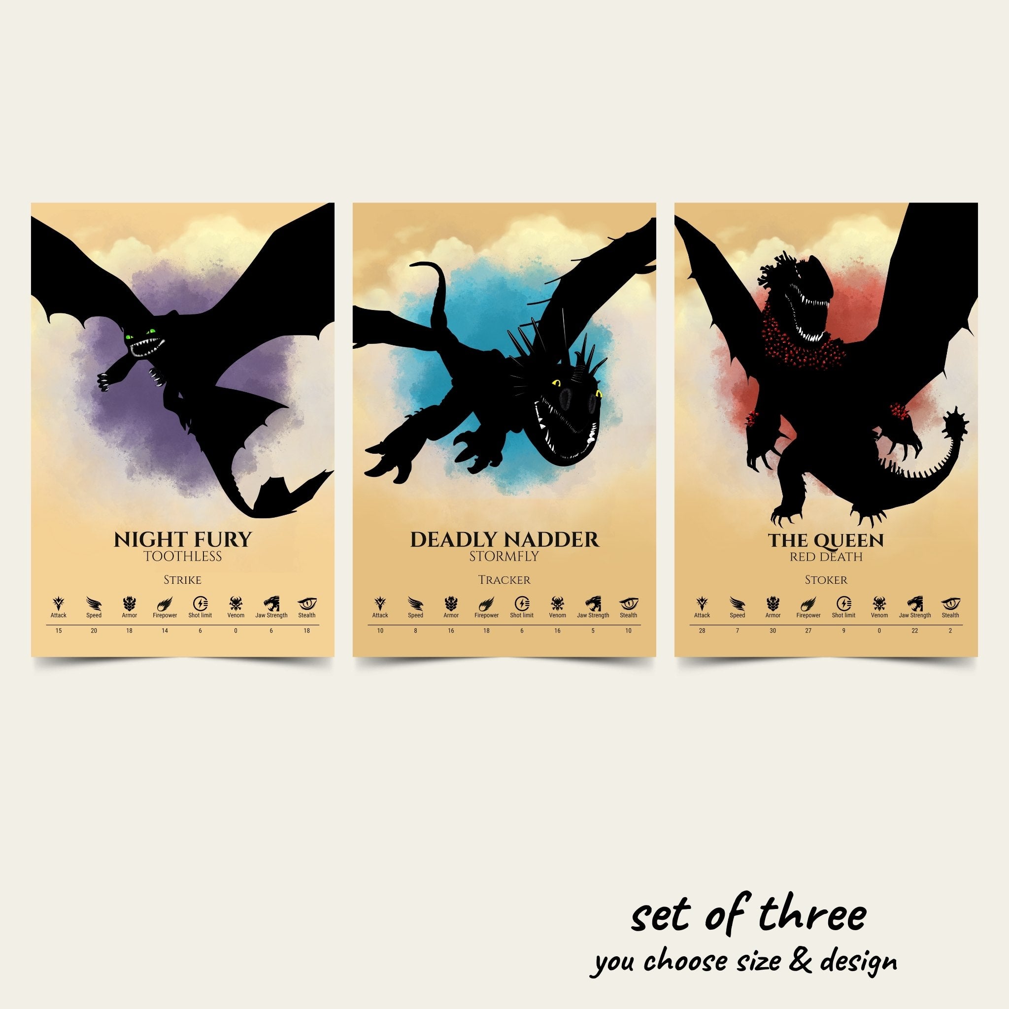 Set of 3 Train Your Dragon Posters (You Choose Size & Design)