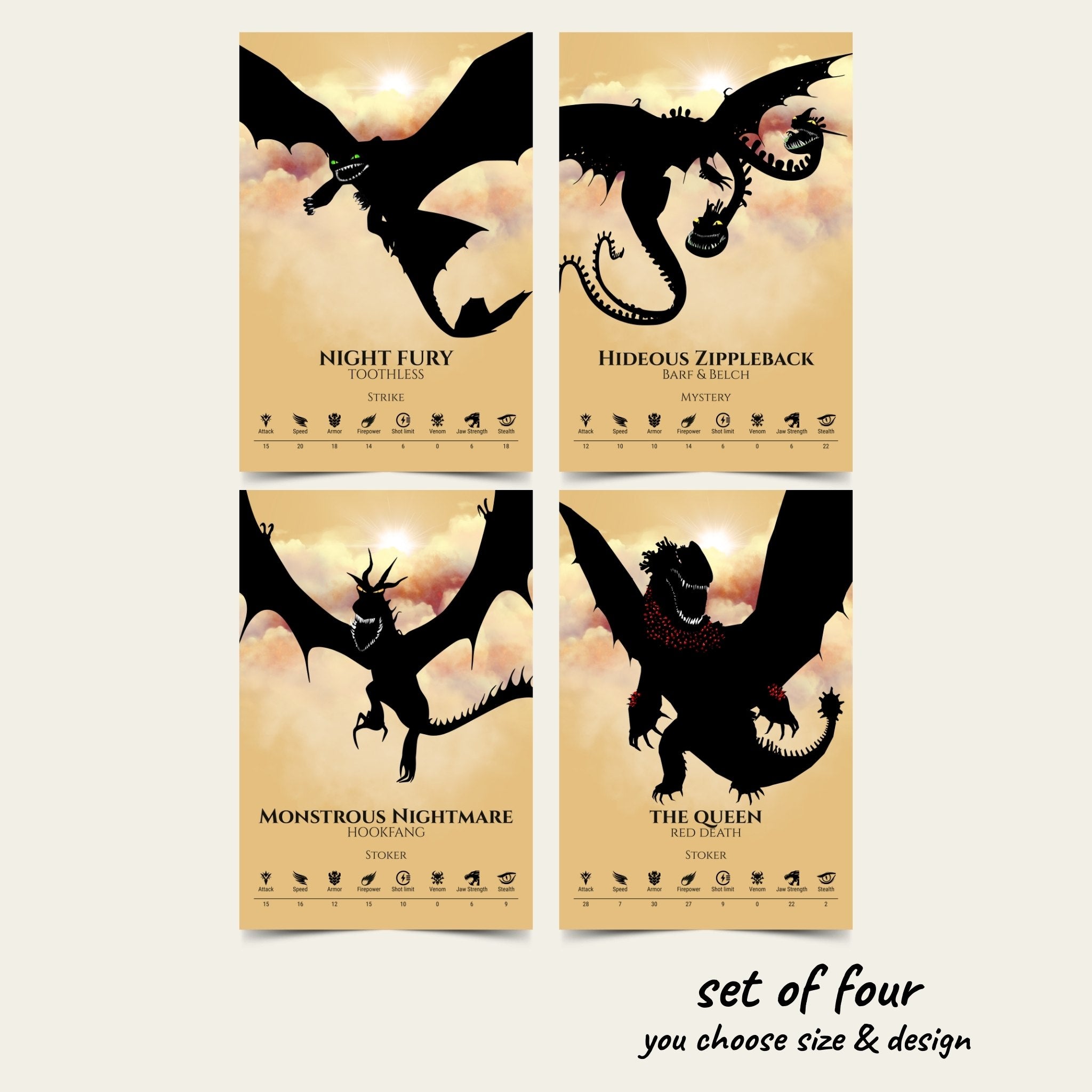 Set of 4 Train Your Dragon Posters (You Choose Size & Design)