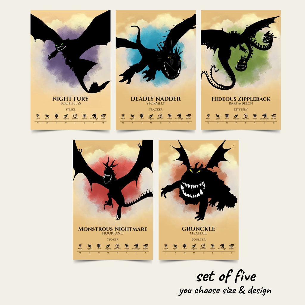 Set of 5 Dragon Posters (You Choose Size & Design)