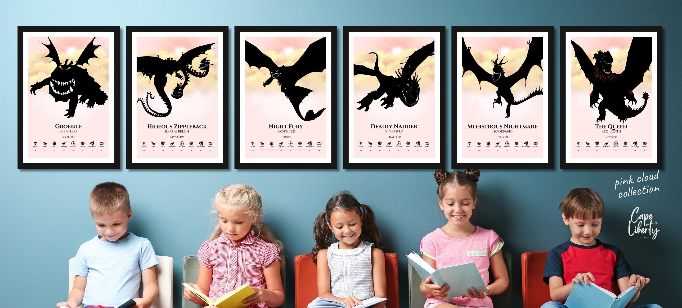 Children sitting on chairs reading books with framed dragon illustrations on a blue wall.